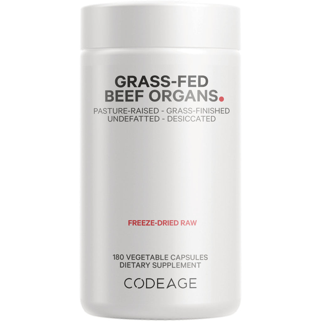 CDG024 | White supplement bottle labeled GRASS-FED BEEF ORGANS freeze-dried raw 180 vegetable capsules - Thumbnail