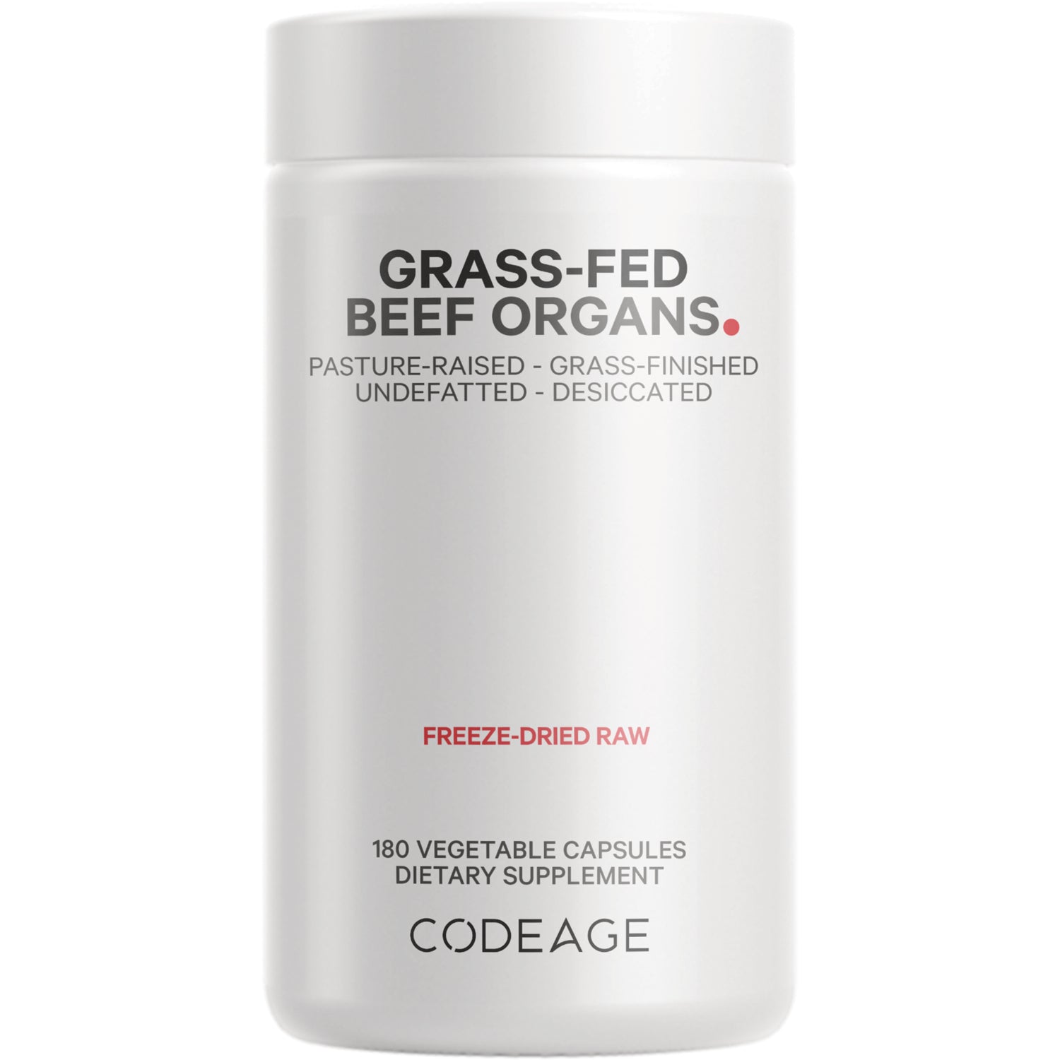 CDG024 | White supplement bottle labeled GRASS-FED BEEF ORGANS freeze-dried raw 180 vegetable capsules