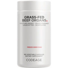 CDG024 | White supplement bottle labeled GRASS-FED BEEF ORGANS freeze-dried raw 180 vegetable capsules