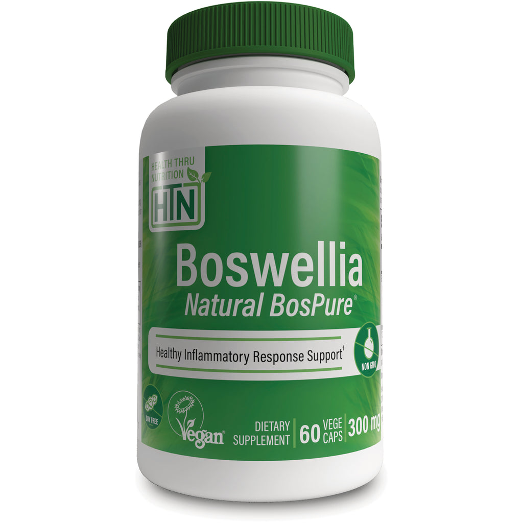 HTN009 | White bottle of Boswellia Natural BosPure dietary supplement with green label reading Healthy Inflammatory Response Support 60 vege caps 300 mg - Thumbnail