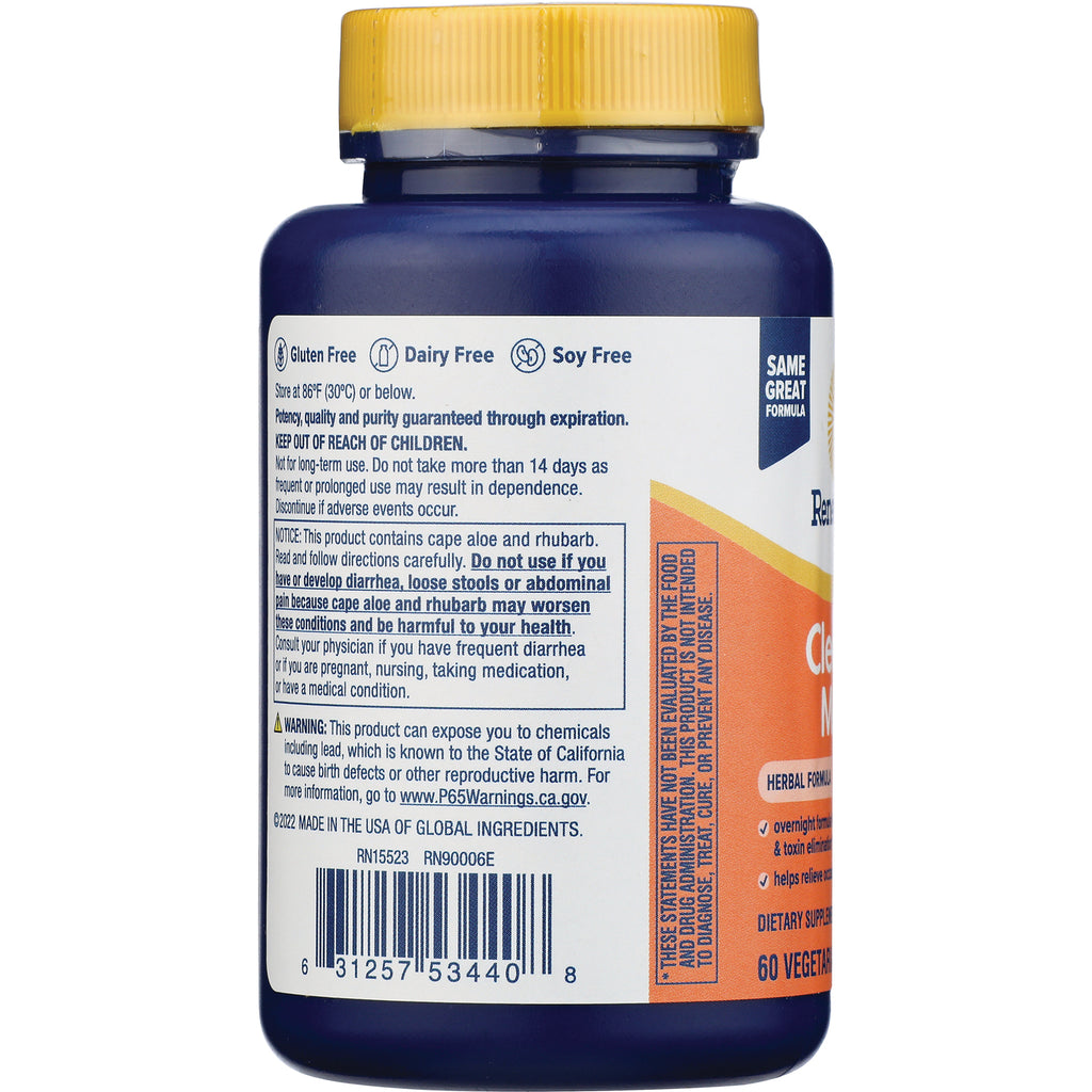 RNL015 | Back label of blue supplement bottle showing warnings, dosage information, barcode and gluten free dairy free soy free icons - Thumbnail