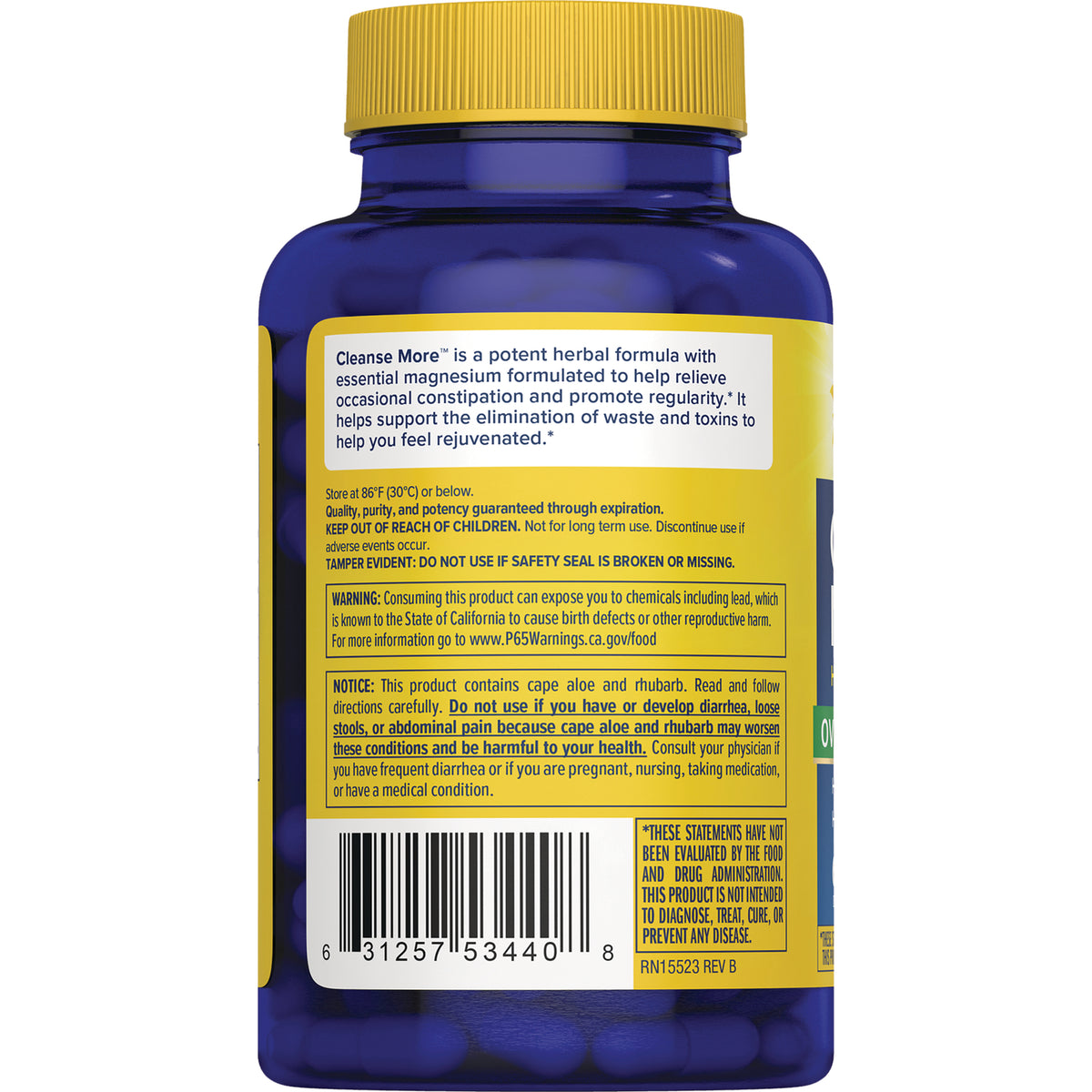 RNL015 | Back label of blue supplement bottle showing warnings, dosage information, barcode and gluten free dairy free soy free icons