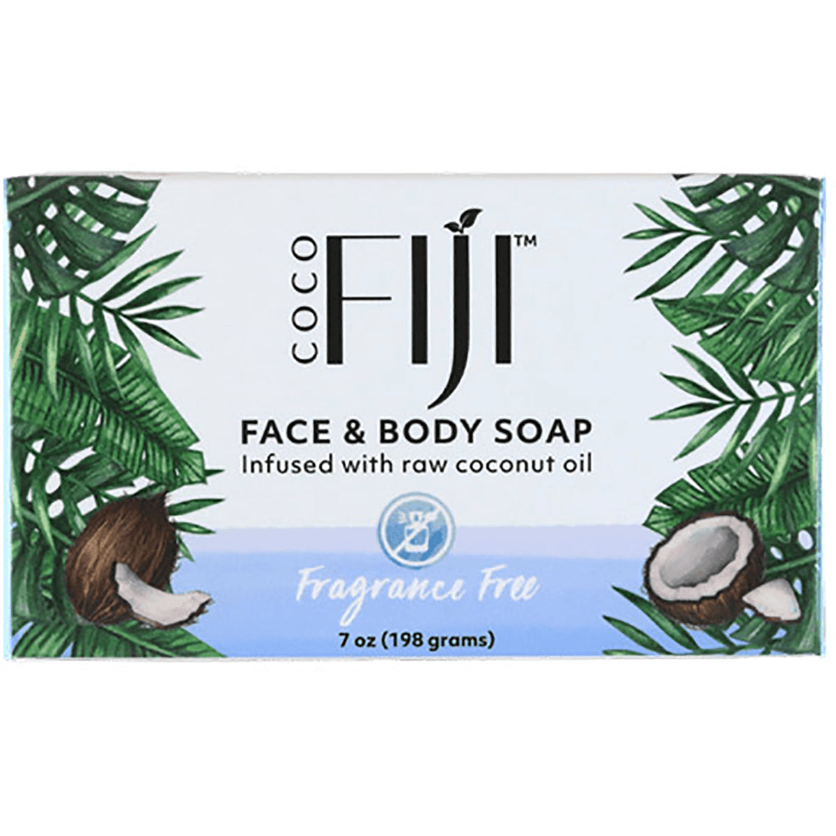 OFJ018 | Coco Fiji face and body soap bar packaging, fragrance free, coconut and tropical leaves design