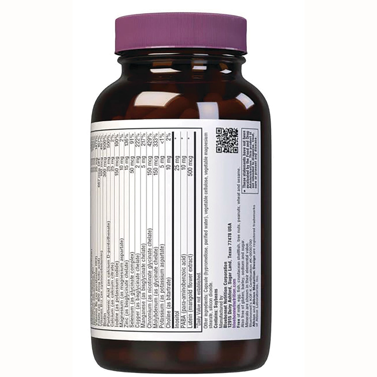 BLU102 | Amber supplement bottle back showing supplement facts table, ingredients panel and purple cap
