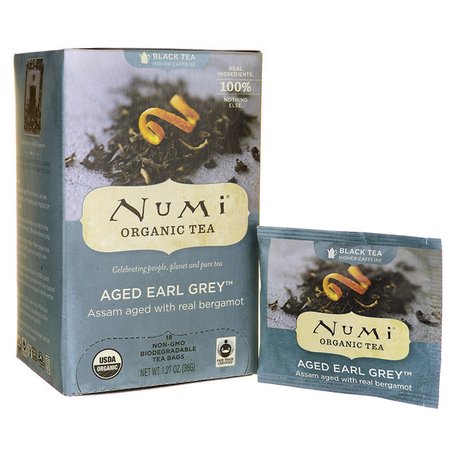 NUM003 | Numi Organic Tea Aged Earl Grey box with single tea bag sachet