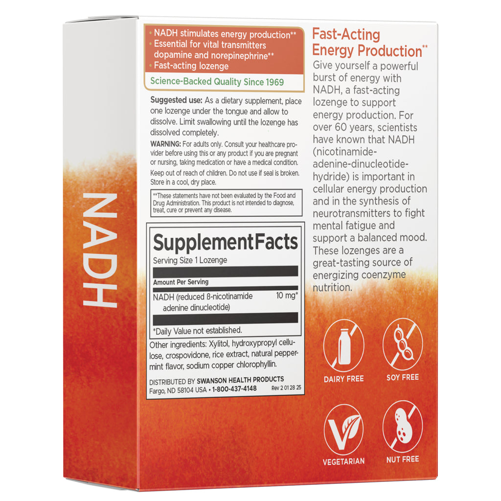 SWU374 | NADH supplement back panel with Supplement Facts, suggested use, and icons: dairy free, soy free, vegetarian, nut free - Thumbnail