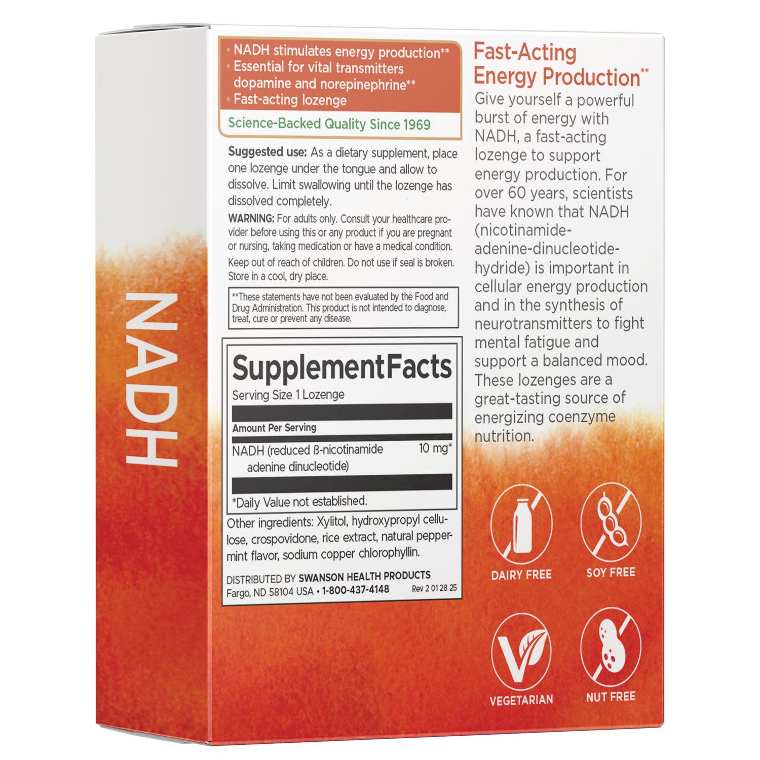 SWU374 | NADH supplement back panel with Supplement Facts, suggested use, and icons: dairy free, soy free, vegetarian, nut free