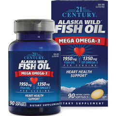 CNT008 | Blue bottle and box of 21st Century Alaska Wild Fish Oil Mega Omega-3 dietary supplement 90 enteric coated softgels