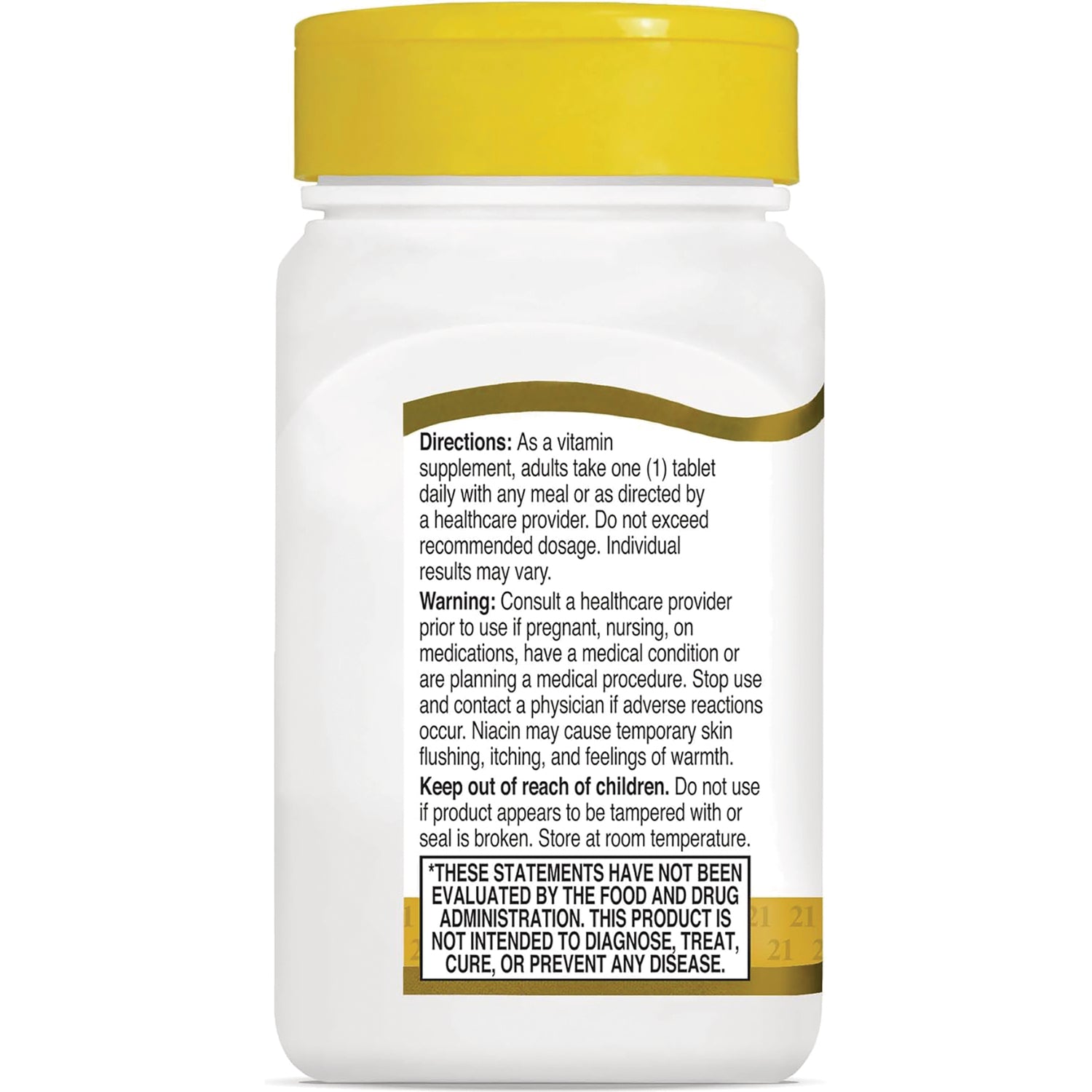 CNT272 | Back label showing directions, warnings, and FDA disclaimer on white supplement bottle with yellow cap