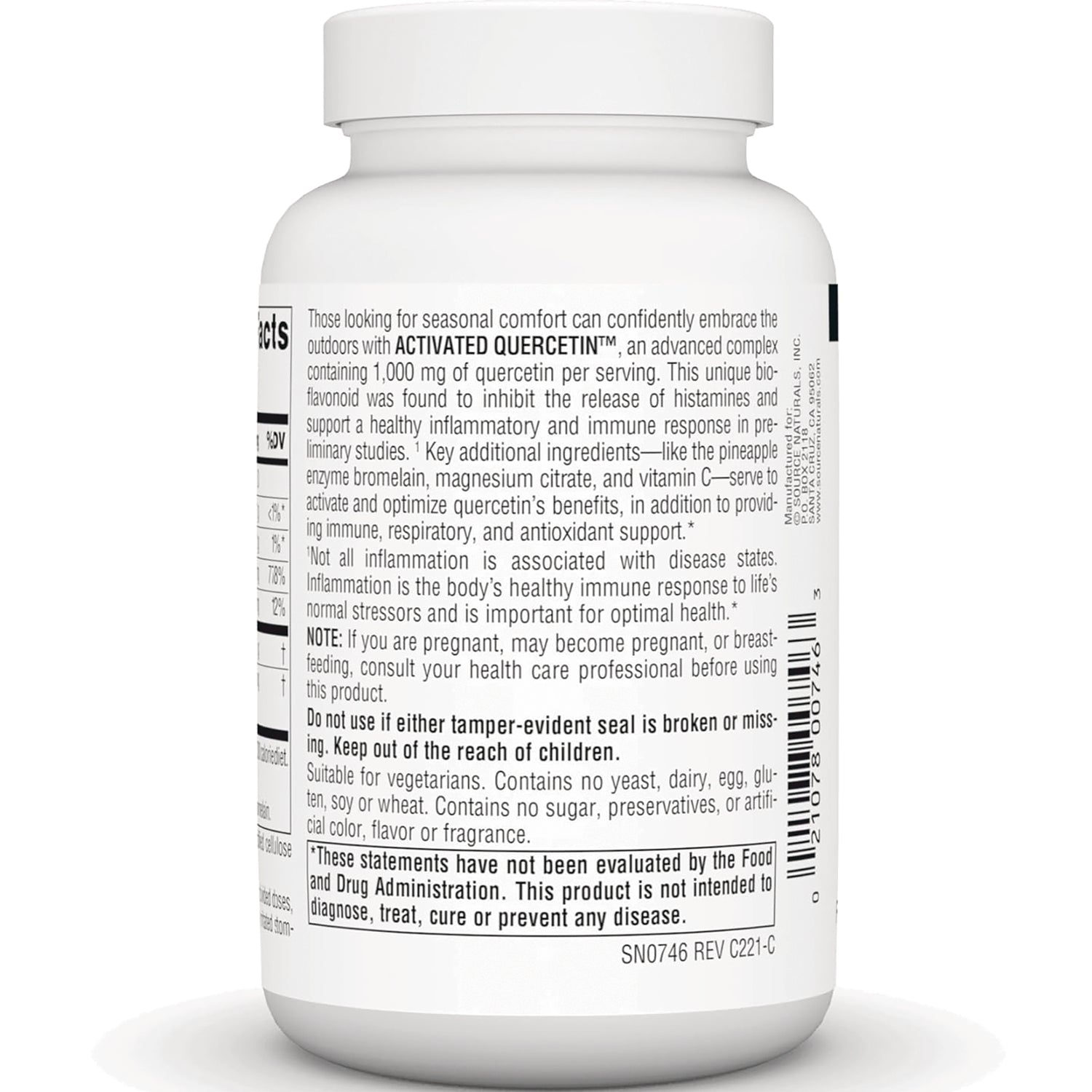 SN377 | Activated Quercetin supplement bottle back label with directions, warnings, and ingredients
