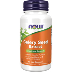 NWF118 | NOW Celery Seed Extract bottle with orange label, 60 Veg Capsules, Circulatory Support