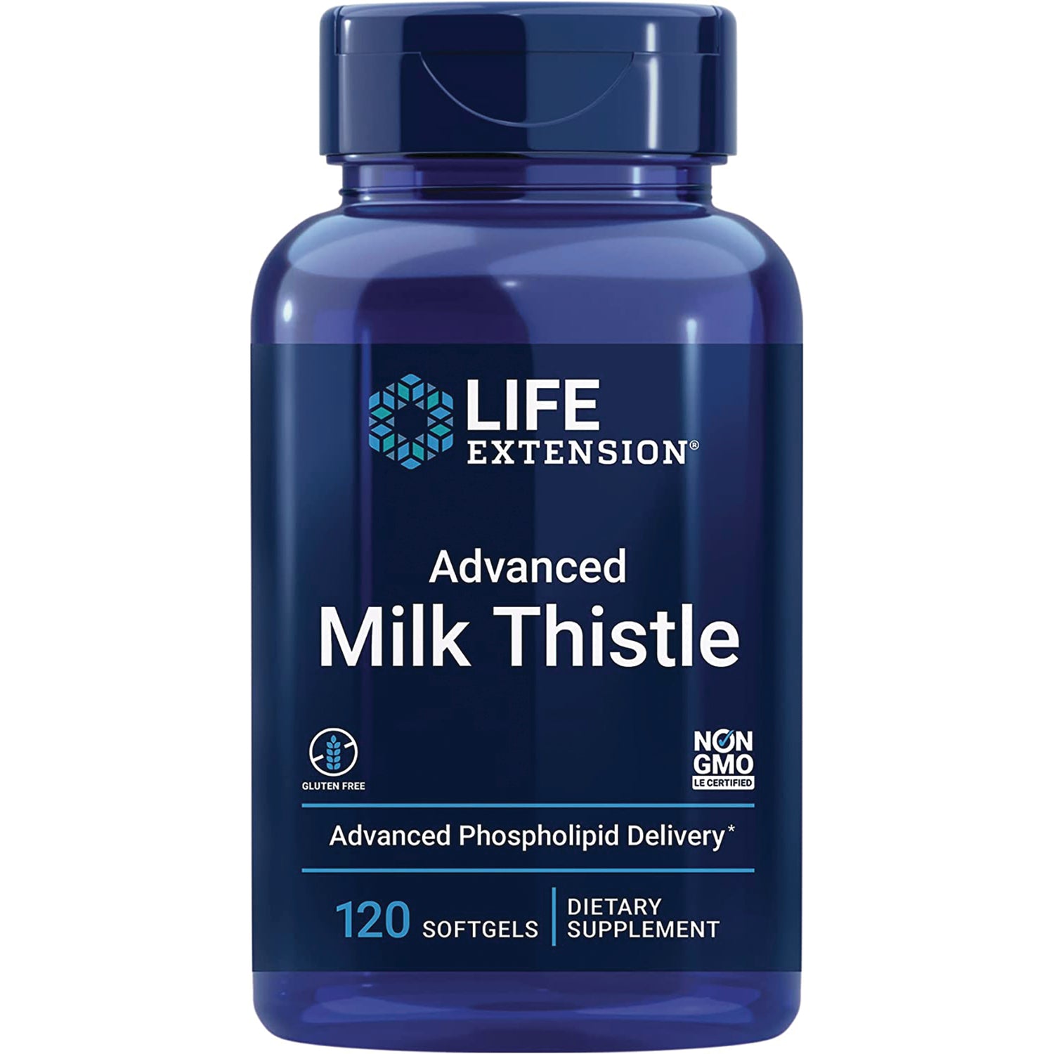 LE382 | Blue LIFE EXTENSION bottle labeled Advanced Milk Thistle 120 softgels dietary supplement