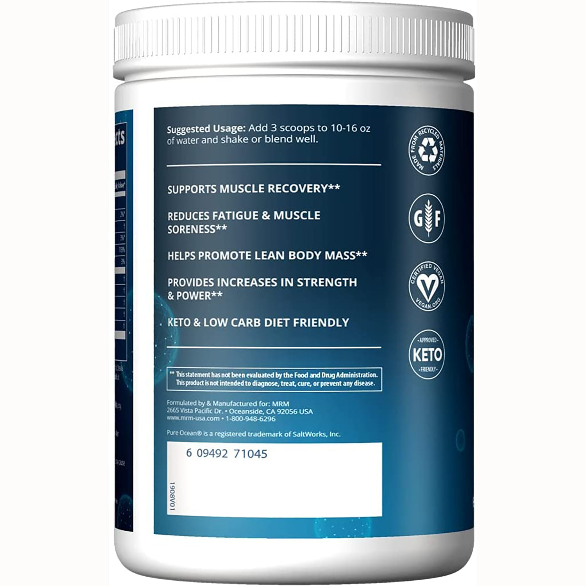 MRM019 | product infographic listing benefits: supports muscle recovery, reduces fatigue and soreness, promotes lean body mass, keto friendly