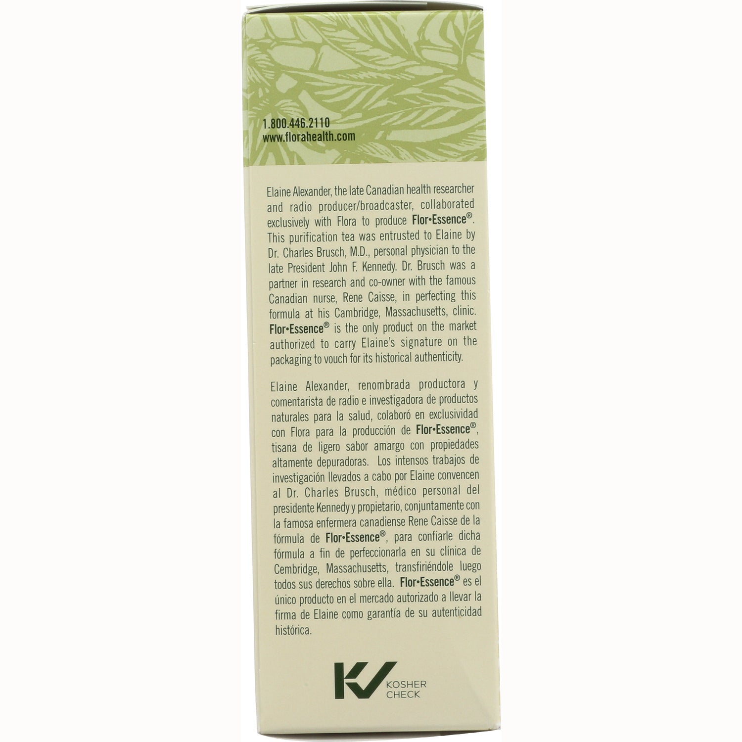 FL004 | product side panel with FlorEssence history text and Kosher Check logo