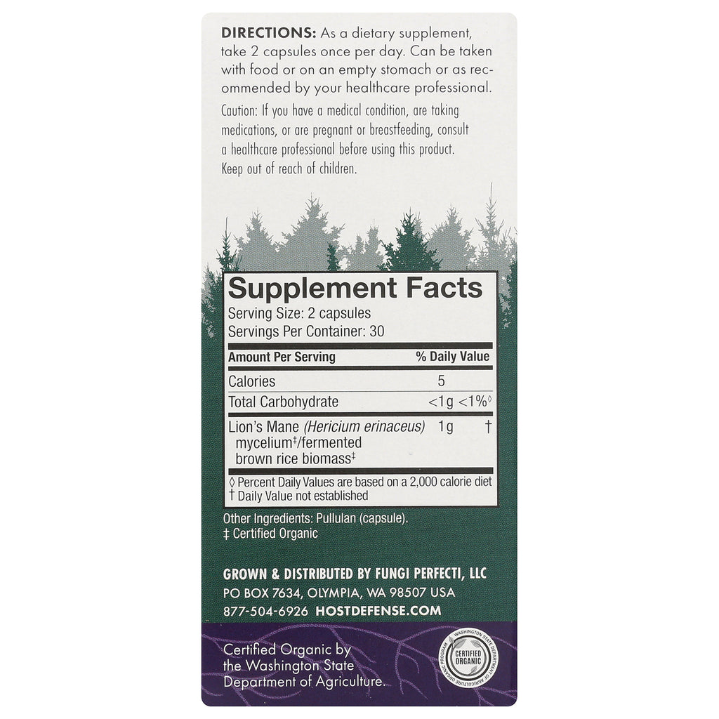FUN010 | Supplement Facts panel and directions for Lion's Mane capsules, serving size 2 capsules, ingredients - Thumbnail
