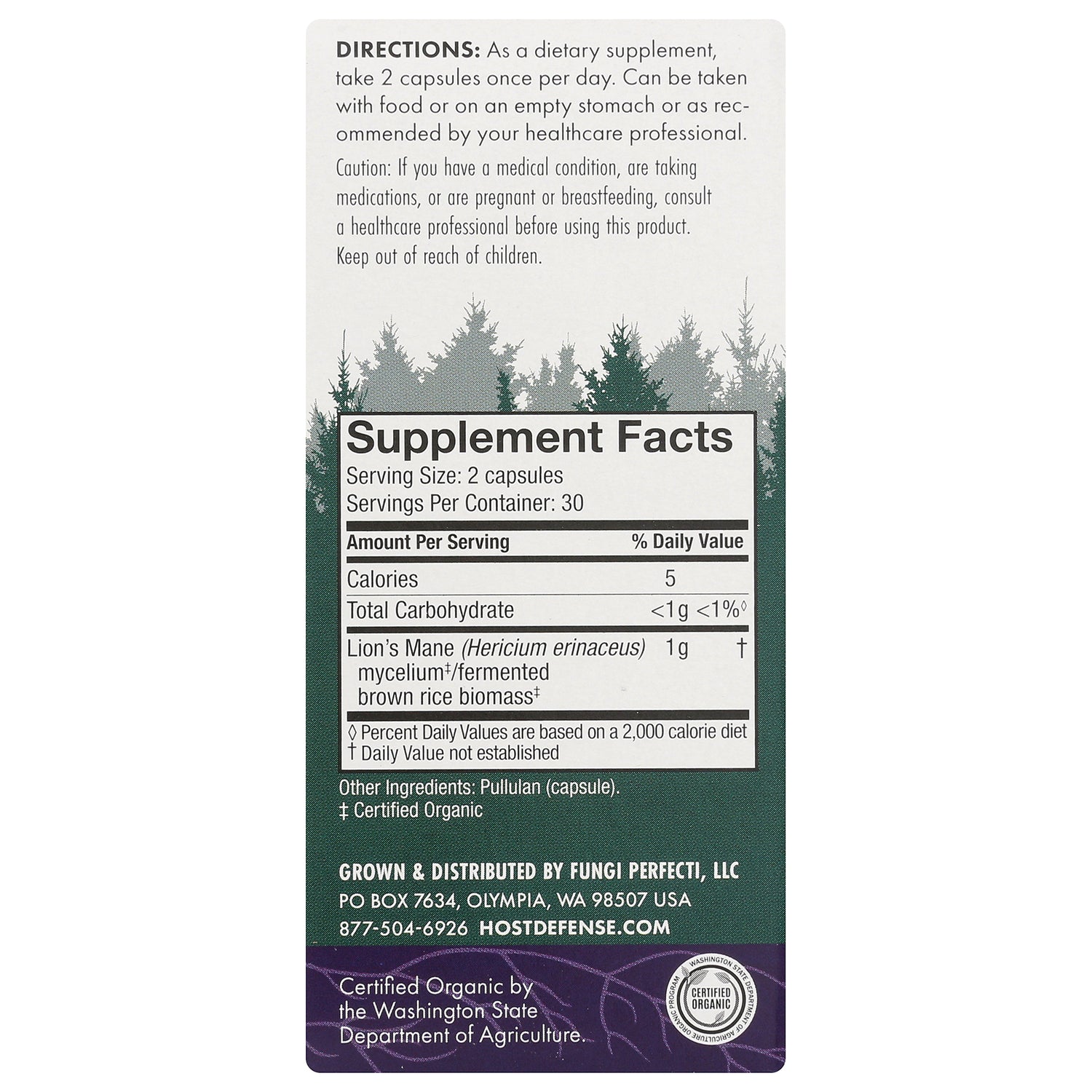 FUN010 | Supplement Facts panel and directions for Lion's Mane capsules, serving size 2 capsules, ingredients