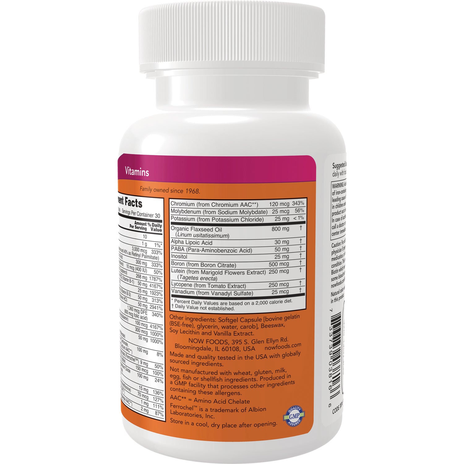 NWF176 | Back of white supplement bottle showing supplement facts panel and orange label reading Vitamins