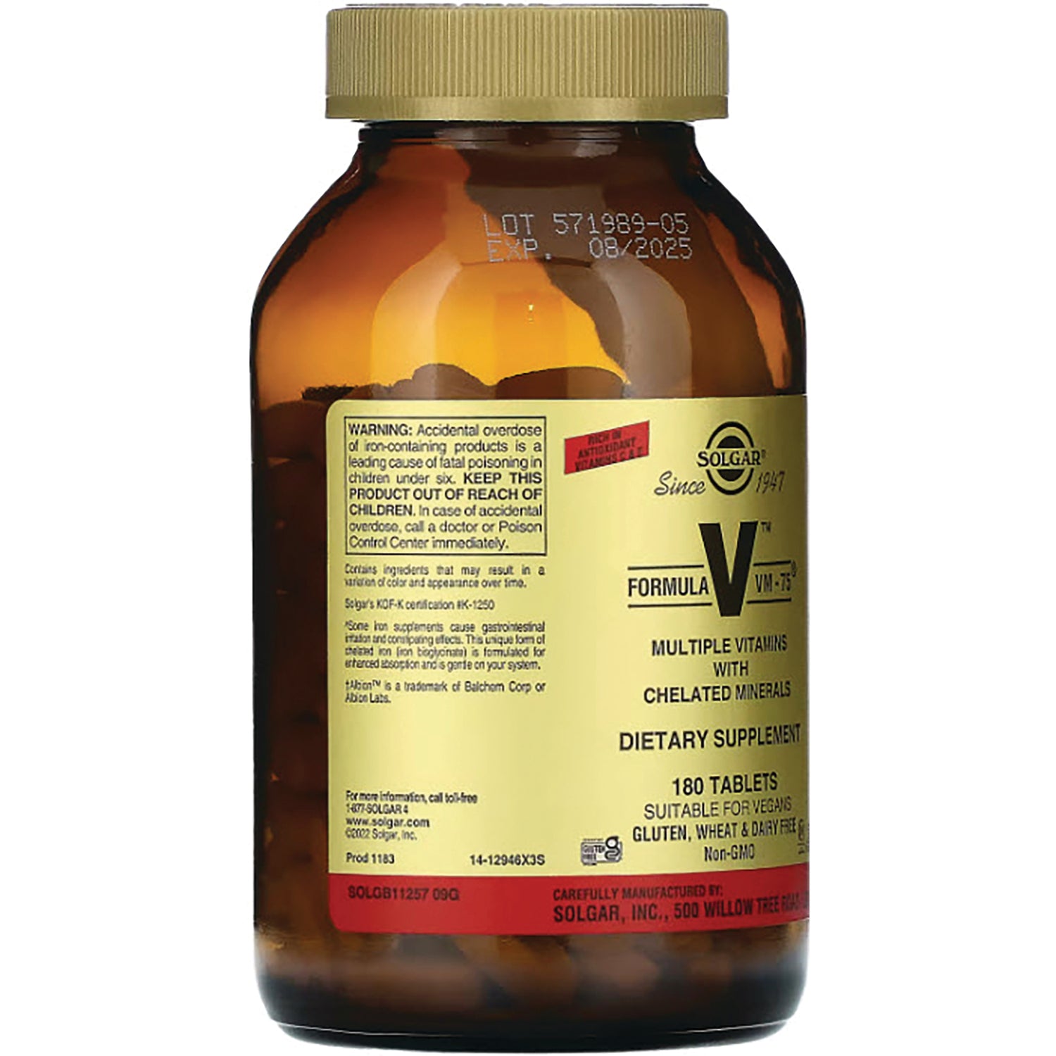 SLG226 | back label of amber bottle showing Formula VM-75 multiple vitamins label with warning text and 180 tablets