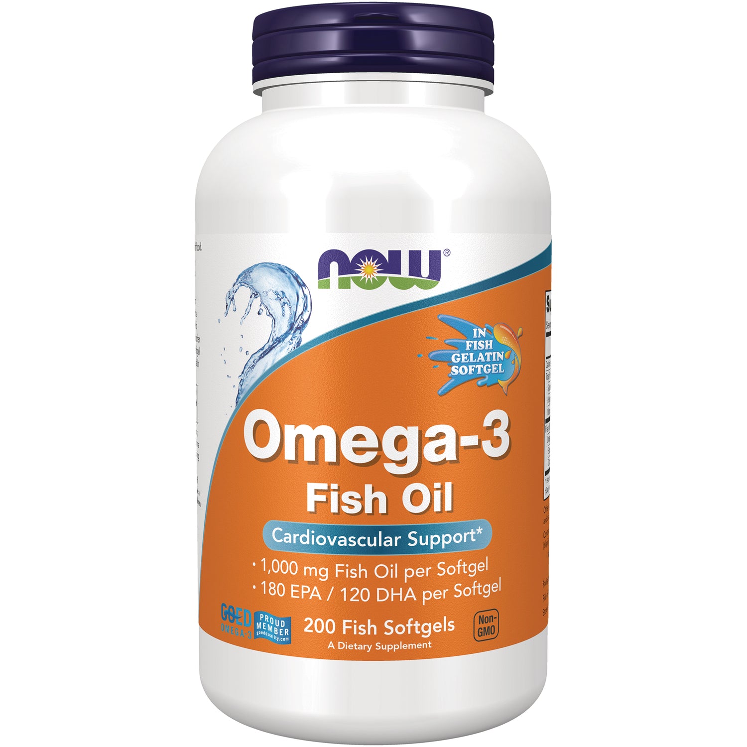 NWF1452 | White bottle of NOW Omega-3 Fish Oil 200 softgels label reading Cardiovascular Support, 1,000 mg per softgel