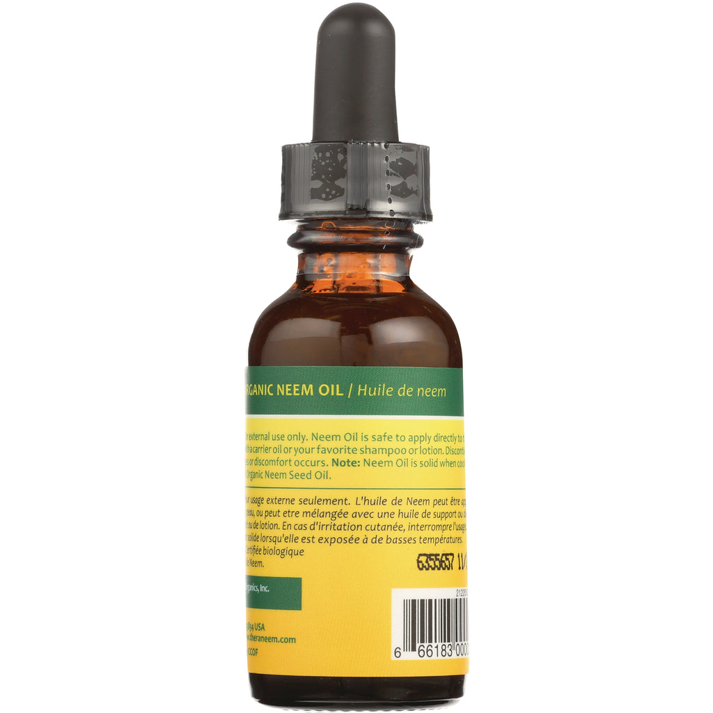 OGX010 | Back of amber dropper bottle labeled ORGANIC NEEM OIL with ingredient text and barcode - Thumbnail