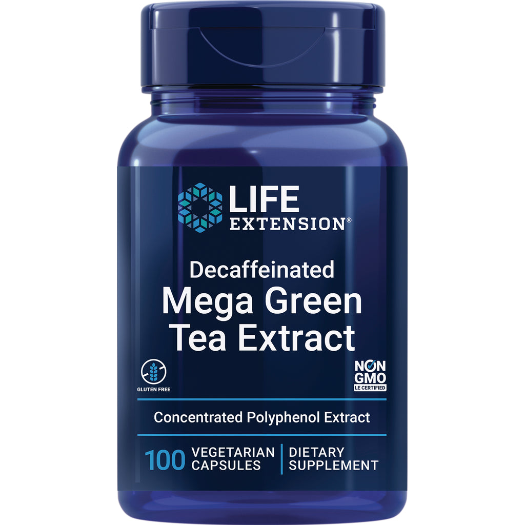 LE010 | Life Extension Decaffeinated Mega Green Tea Extract bottle, 100 vegetarian capsules, concentrated polyphenol extract, non-GMO, gluten free - Thumbnail