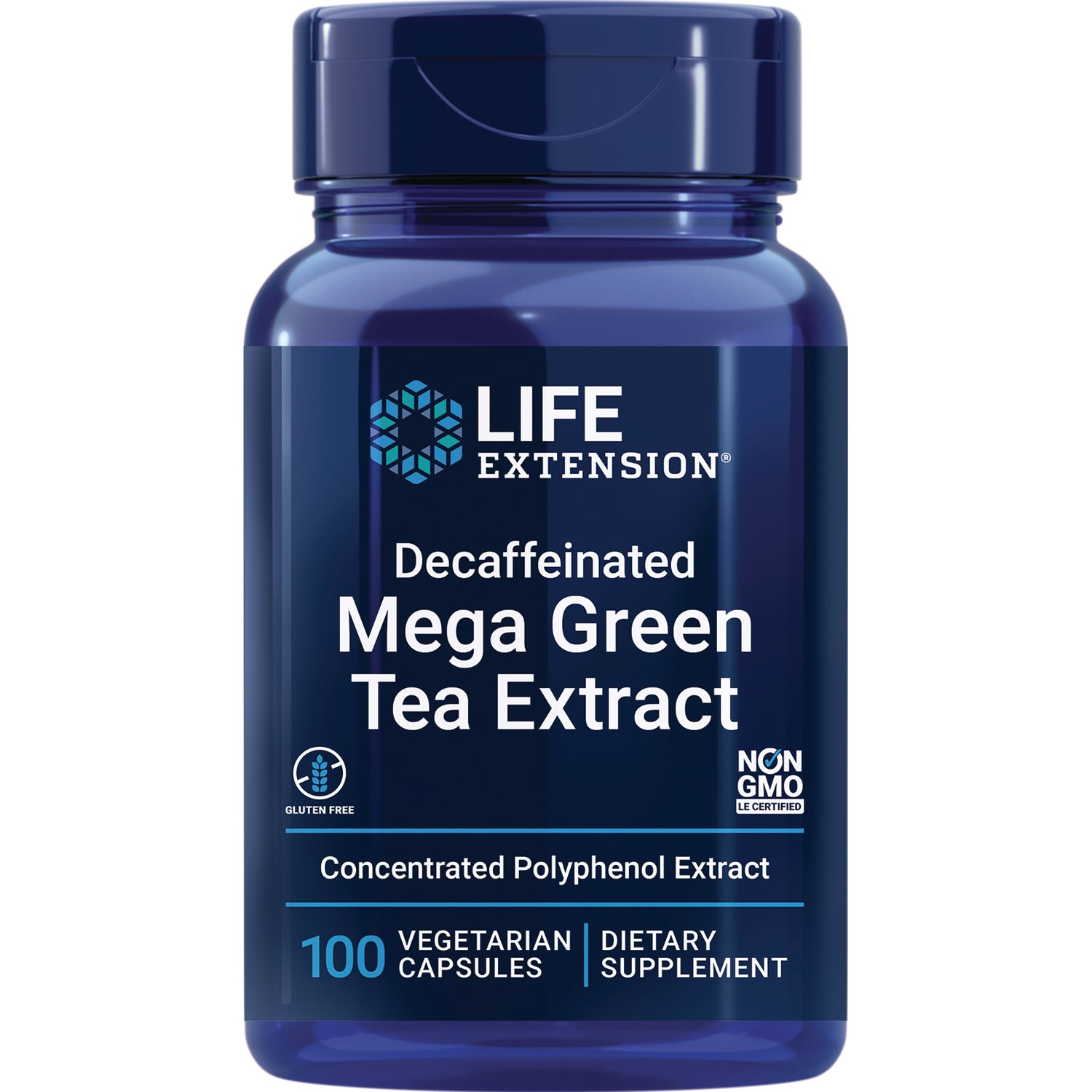LE010 | Life Extension Decaffeinated Mega Green Tea Extract bottle, 100 vegetarian capsules, concentrated polyphenol extract, non-GMO, gluten free