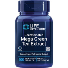 LE010 | Life Extension Decaffeinated Mega Green Tea Extract bottle, 100 vegetarian capsules, concentrated polyphenol extract, non-GMO, gluten free