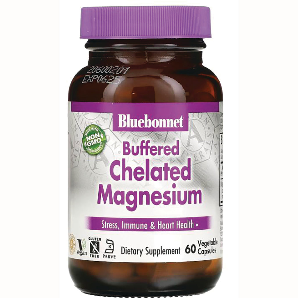 BLU059 | Bluebonnet Buffered Chelated Magnesium supplement bottle front label, 60 vegetable capsules, Stress, Immune & Heart Health - Thumbnail