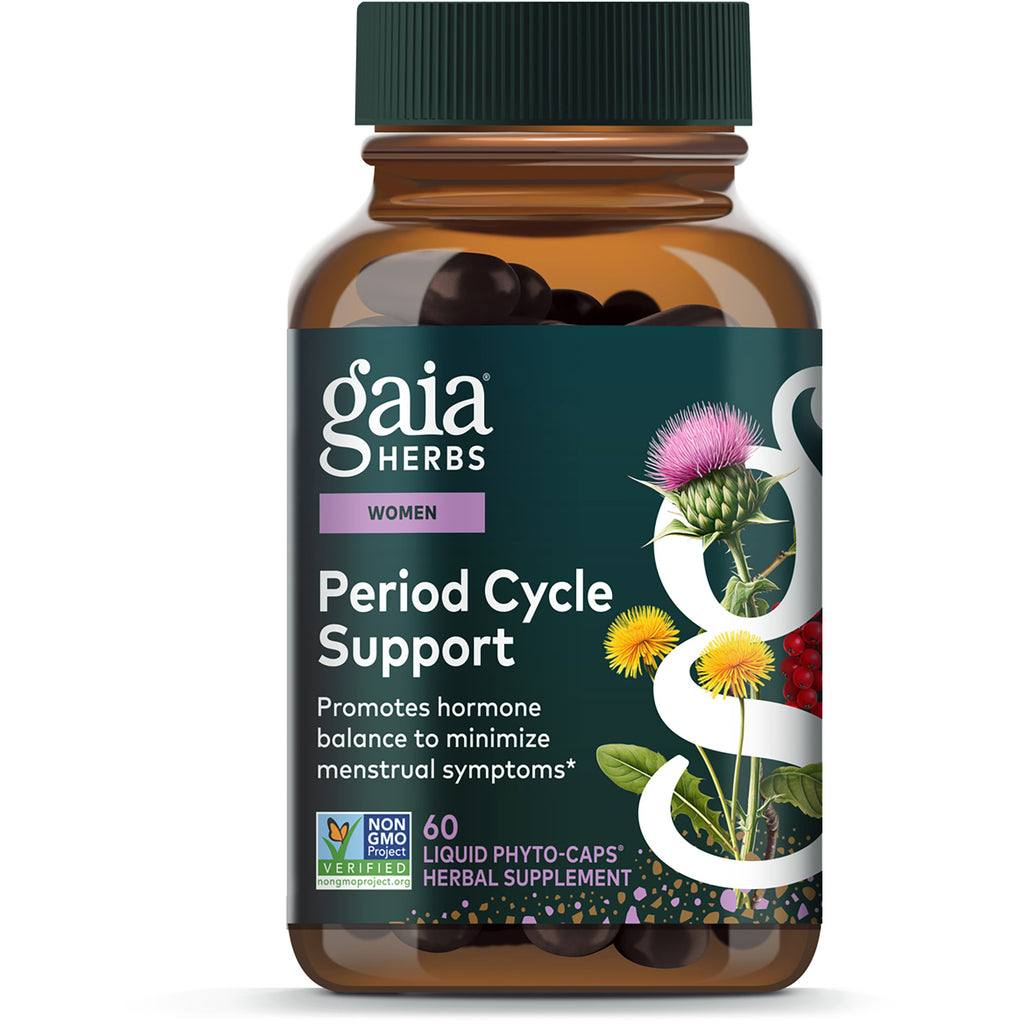 GH160 | Gaia Herbs Cycle Support Period supplement front packaging showing Vitex Berry & Schisandra, Non-GMO verified, 60 vegan liquid phyto-caps - Thumbnail