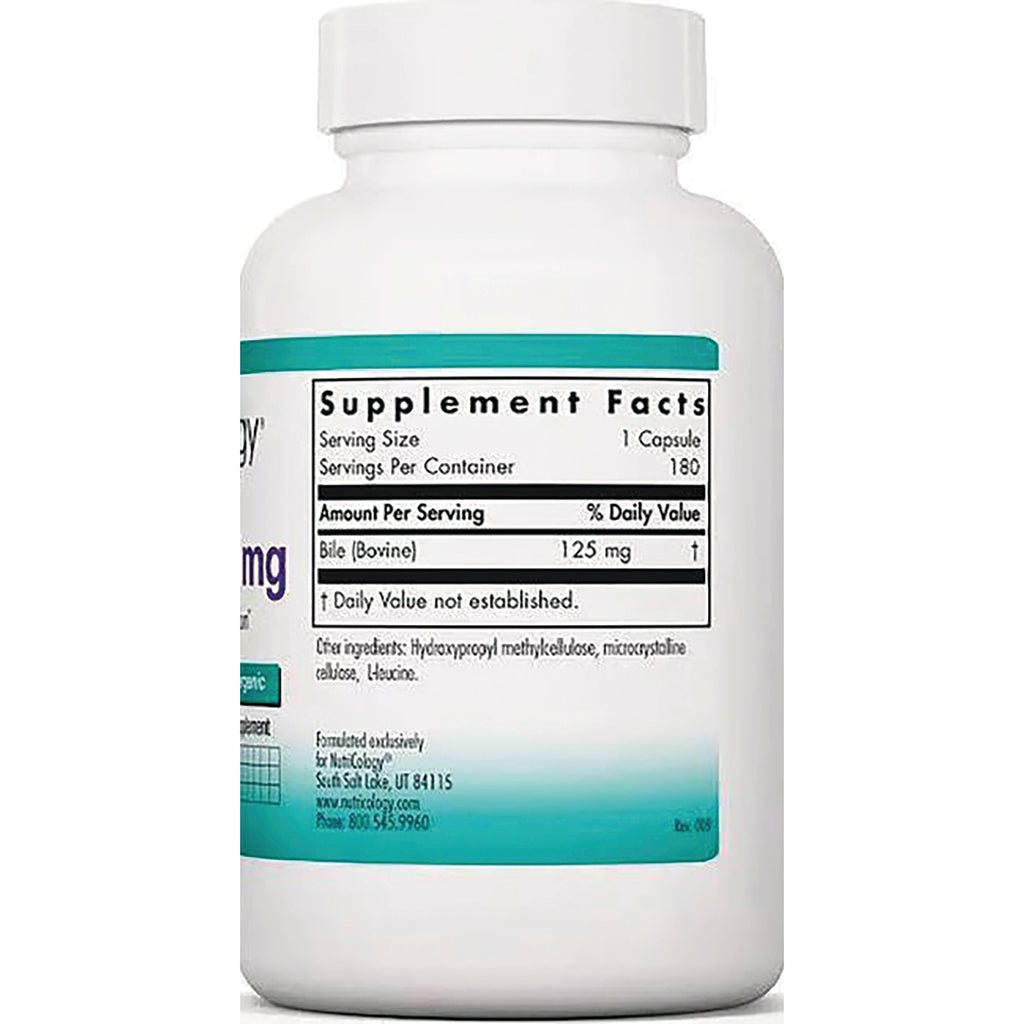 NCL118 | Back of white supplement bottle showing Supplement Facts panel and Bile (Bovine) 125 mg - Thumbnail