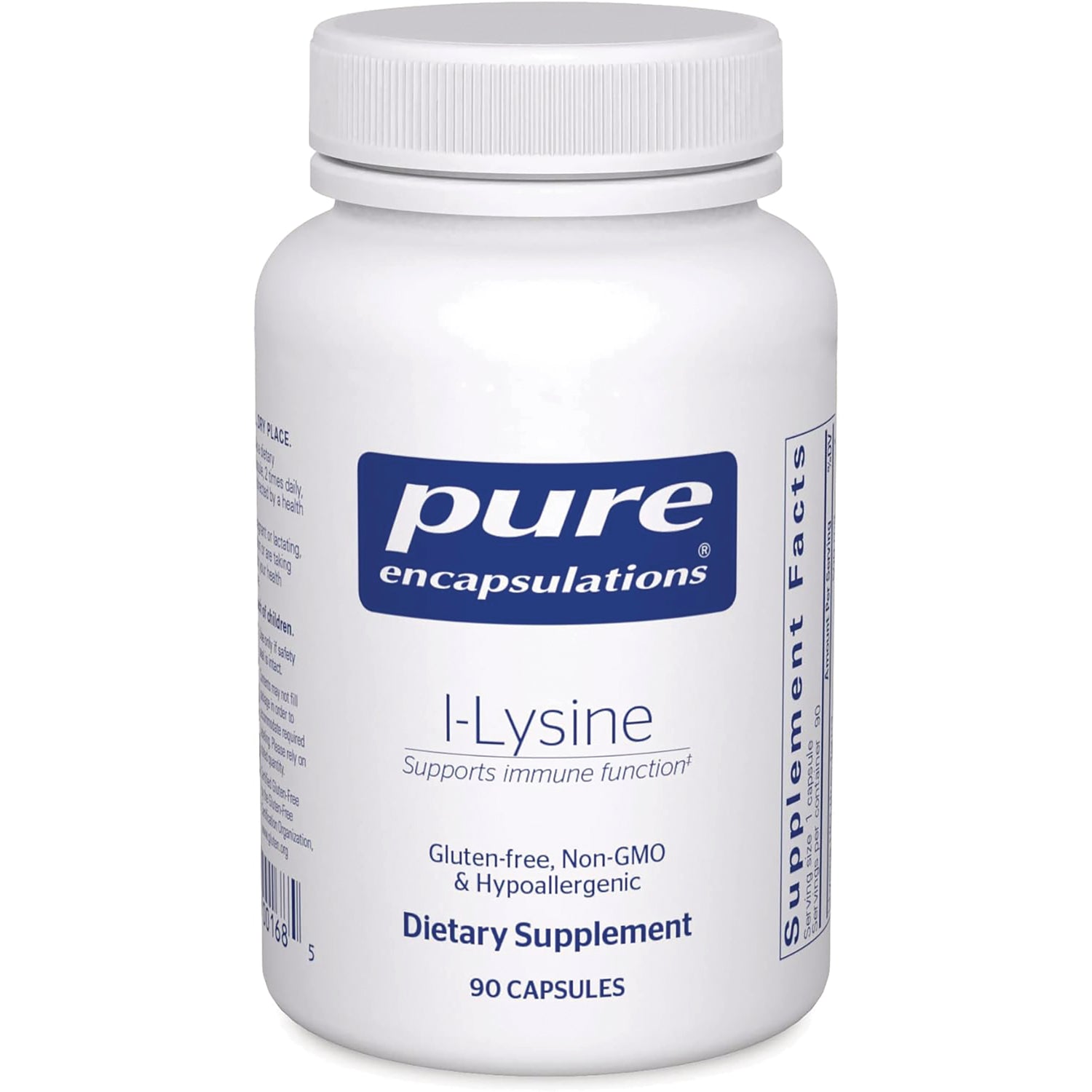 PRN089 | Pure Encapsulations L-Lysine dietary supplement bottle, 90 capsules, gluten-free non-GMO