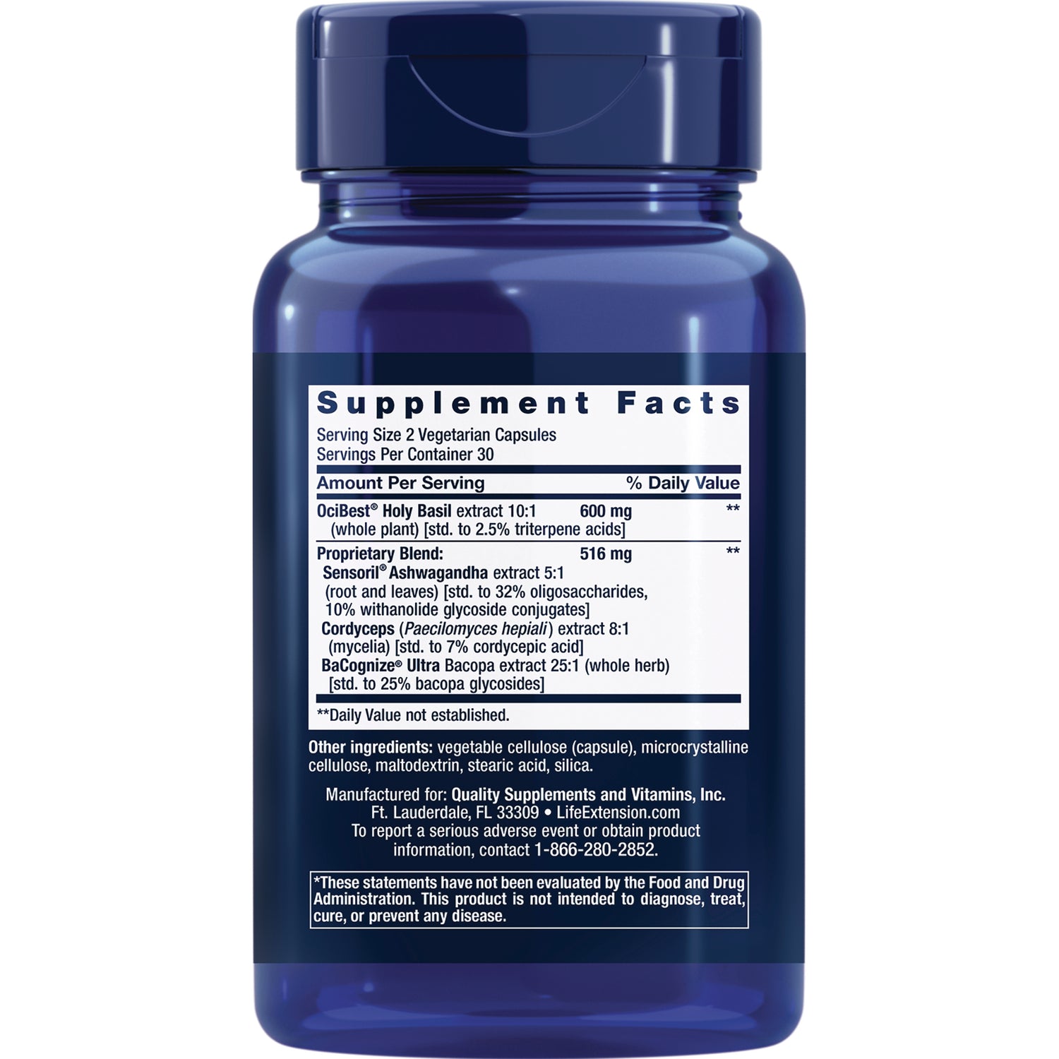 LE451 | back of blue supplement bottle showing Supplement Facts panel with serving size, proprietary blend and ingredients