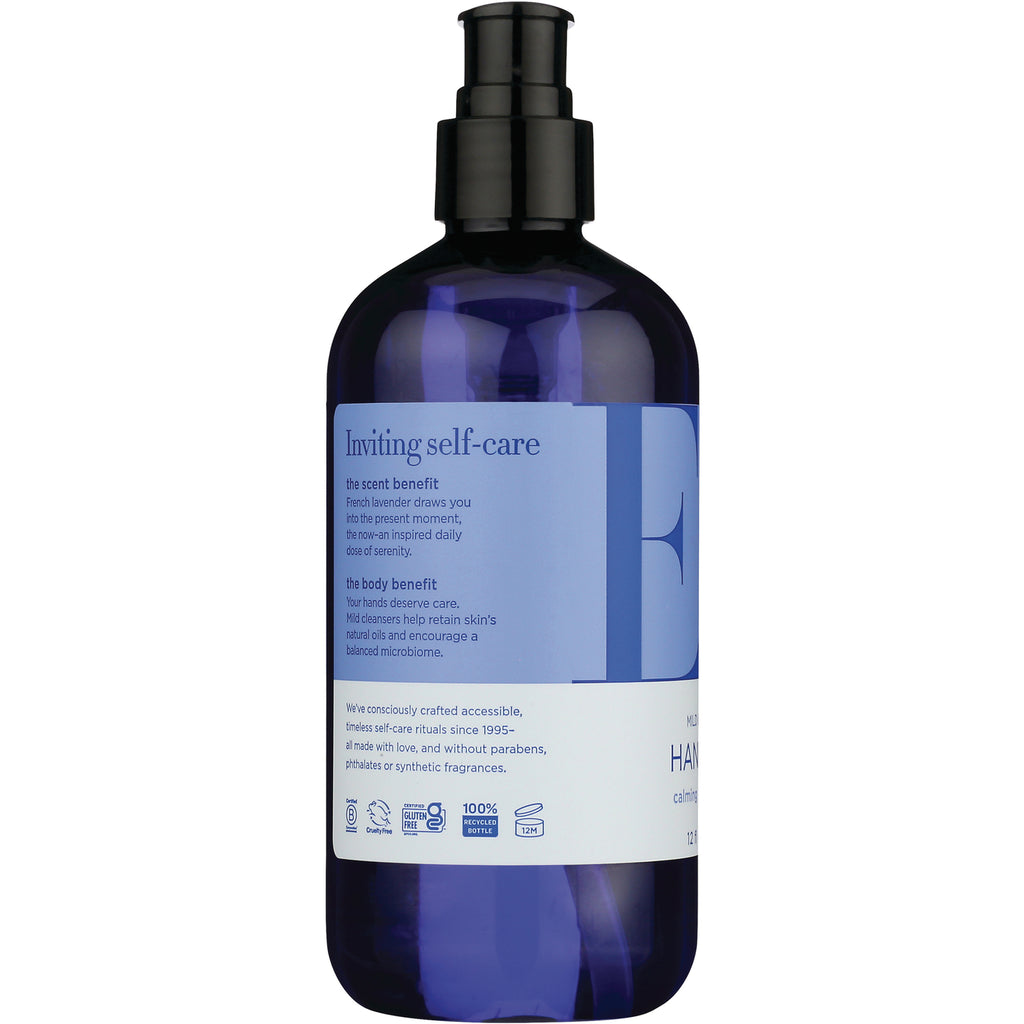 EOP012 | blue pump bottle showing product infographic label Inviting self-care with scent and body benefit text - Thumbnail