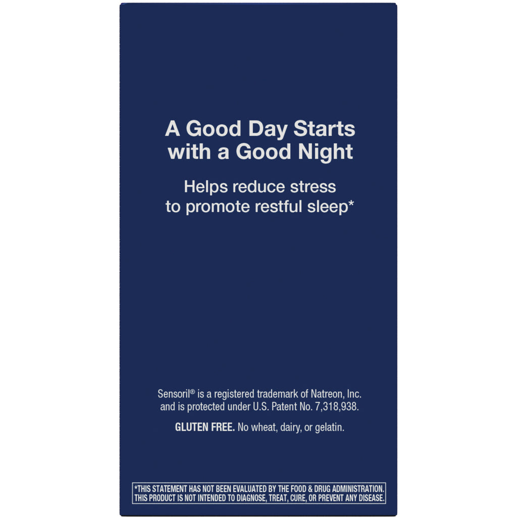 ET348 | Navy product panel reading A Good Day Starts with a Good Night, helps reduce stress to promote restful sleep, gluten free - Thumbnail