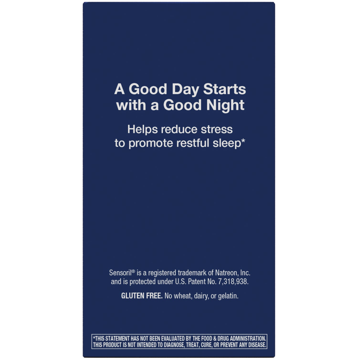 ET348 | Navy product panel reading A Good Day Starts with a Good Night, helps reduce stress to promote restful sleep, gluten free
