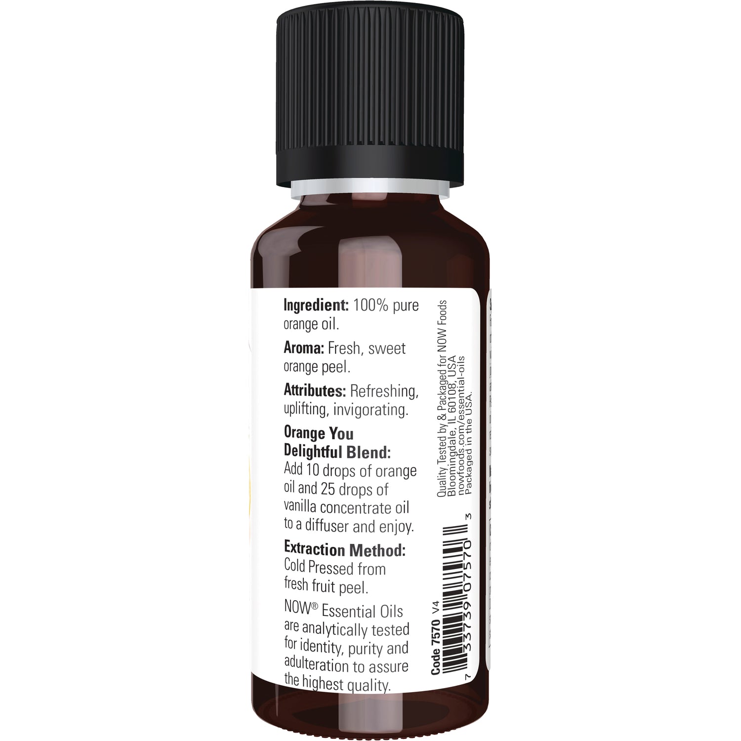 NWF140 | Back of amber essential oil bottle showing ingredient list, aroma, attributes, extraction method and barcode
