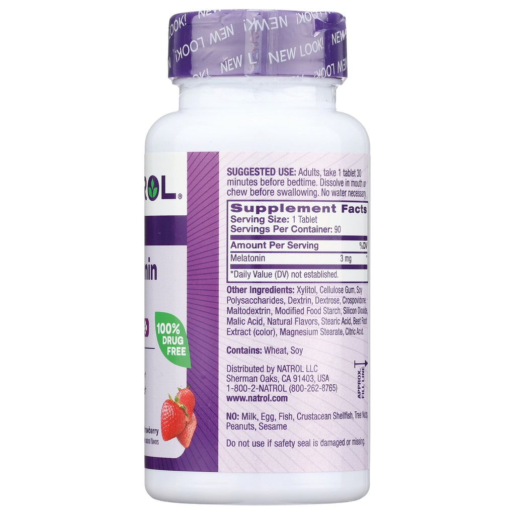 Back label of supplement bottle showing Supplement Facts, suggested use, ingredients and a strawberry graphic - Thumbnail