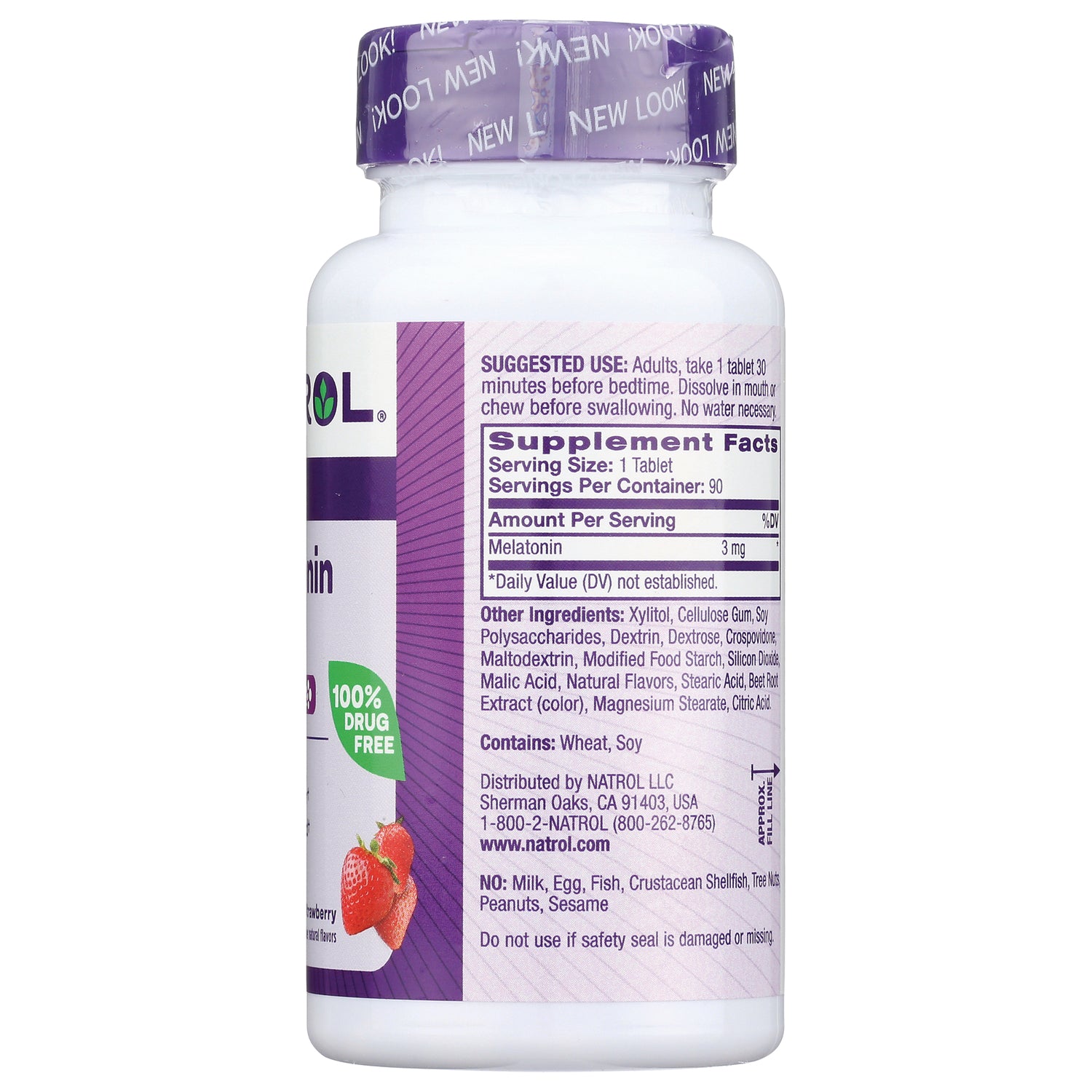 Back label of supplement bottle showing Supplement Facts, suggested use, ingredients and a strawberry graphic