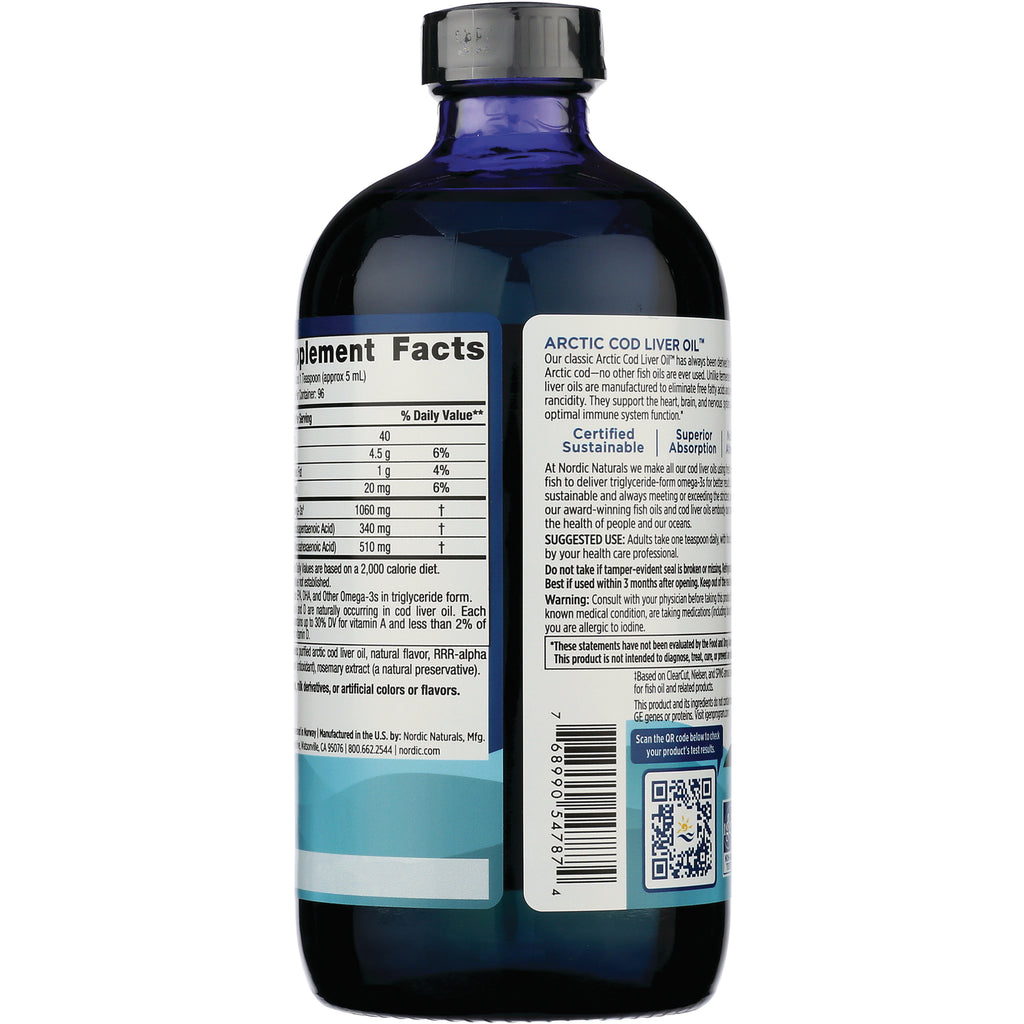 Back label of blue bottle showing supplement facts, Arctic cod liver oil description, barcode and QR code - Thumbnail