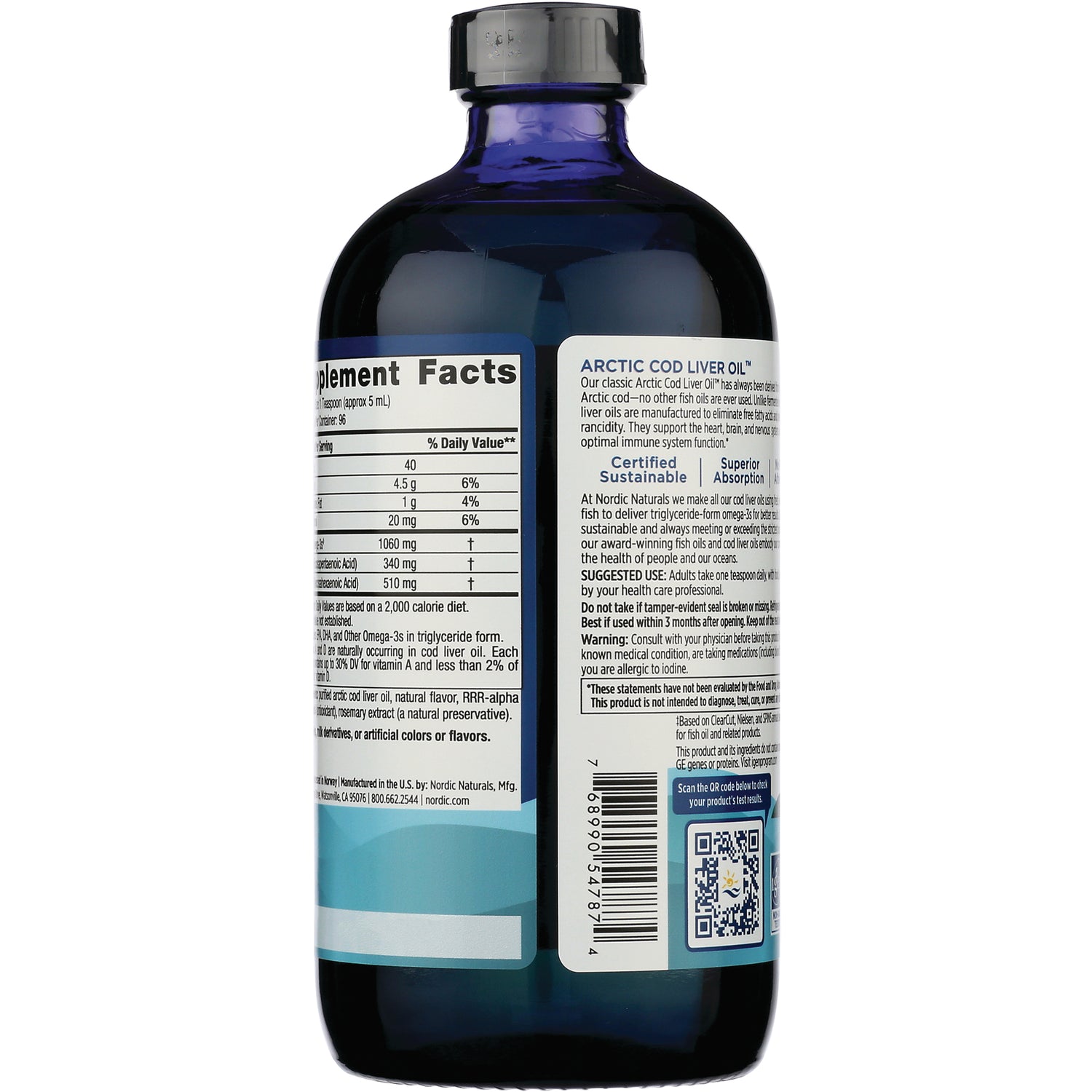Back label of blue bottle showing supplement facts, Arctic cod liver oil description, barcode and QR code
