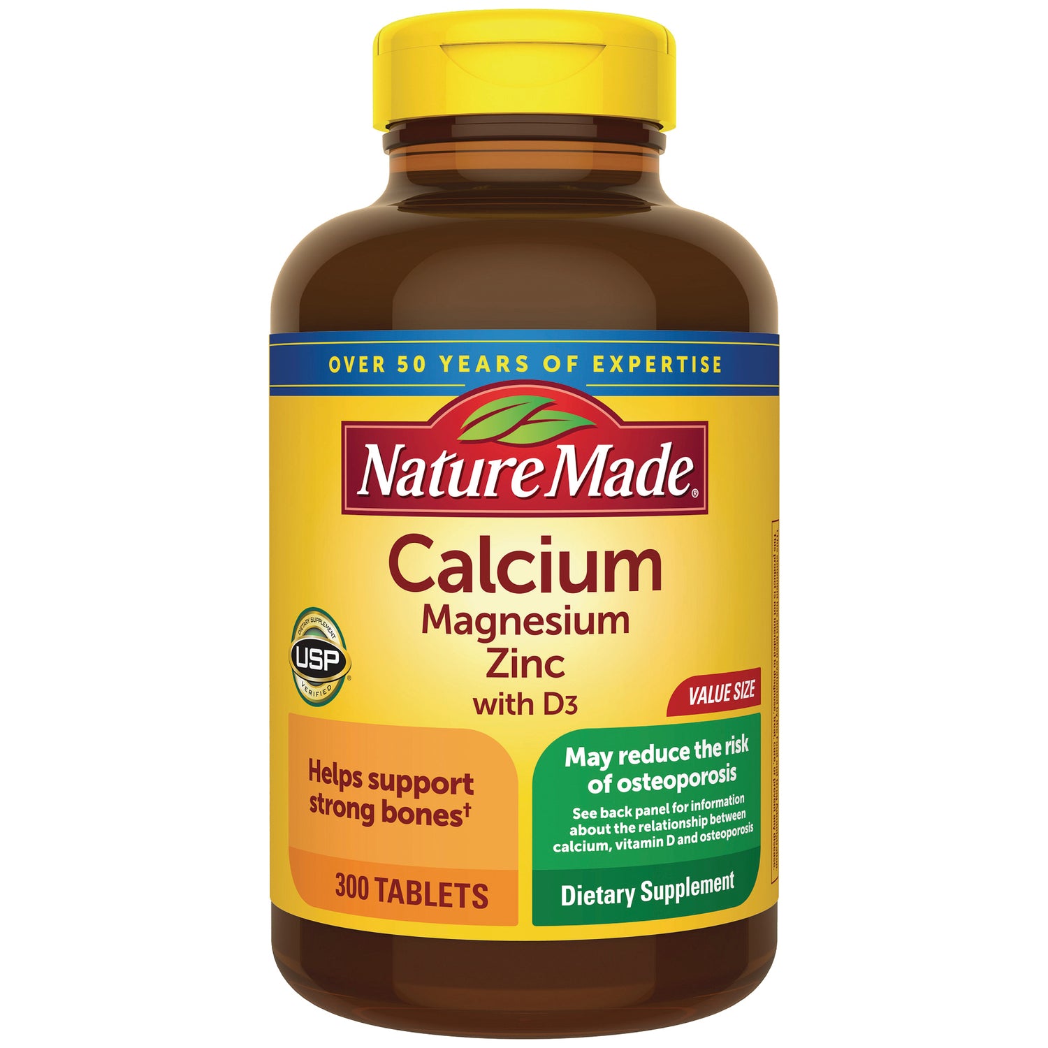 NTM189 | Nature Made Calcium Magnesium Zinc with D3 300 tablets brown bottle with yellow label
