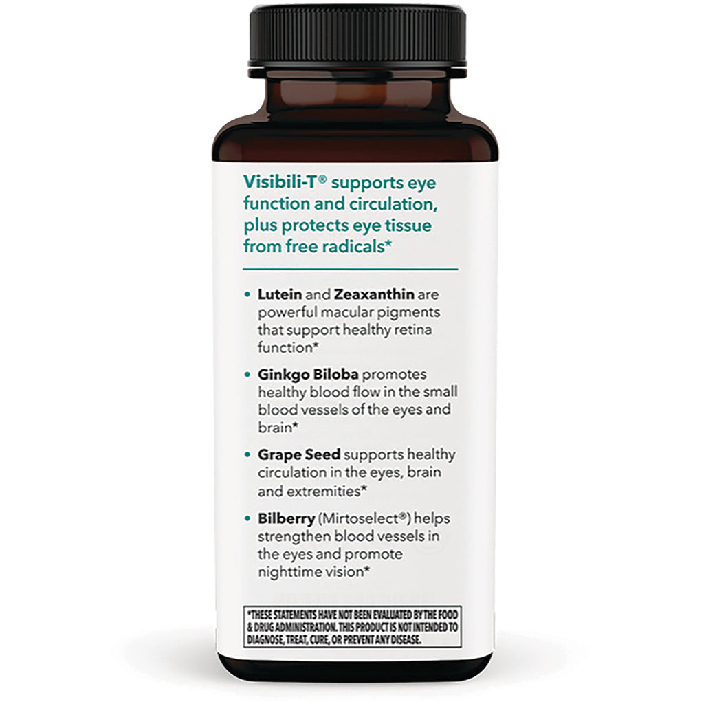 LSS006 | back label of bottle listing Visibili-T benefits and ingredients Lutein, Zeaxanthin, Ginkgo Biloba, Grape Seed, Bilberry - Thumbnail
