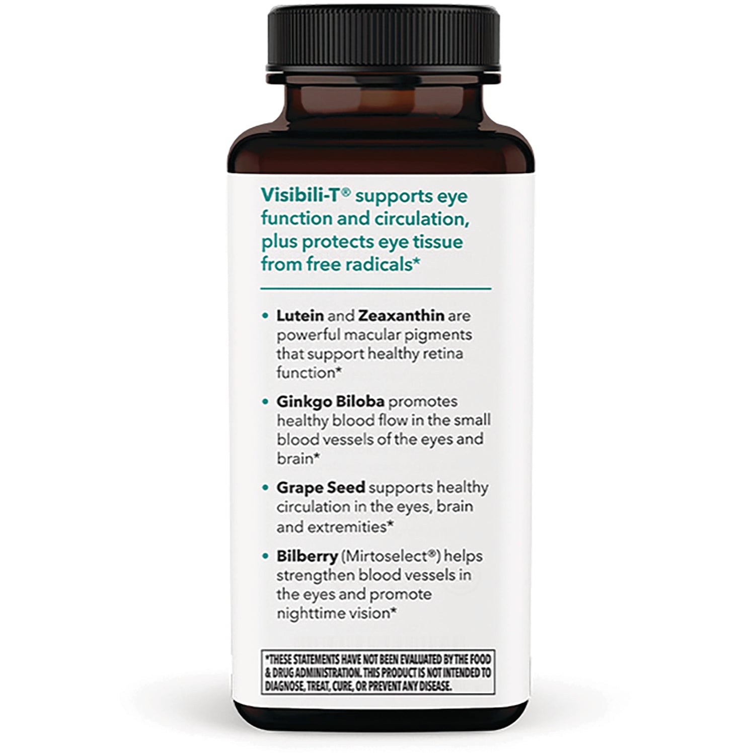 LSS006 | back label of bottle listing Visibili-T benefits and ingredients Lutein, Zeaxanthin, Ginkgo Biloba, Grape Seed, Bilberry