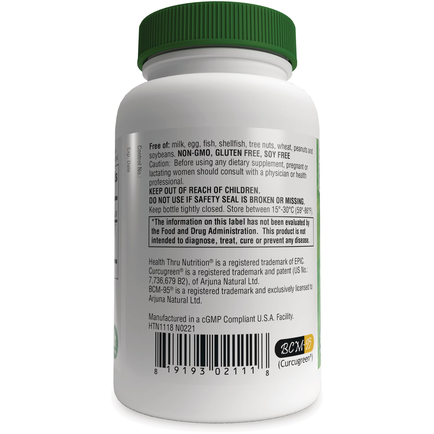 HTN013 | Back label of white supplement bottle showing warnings, storage information, trademarks and barcode