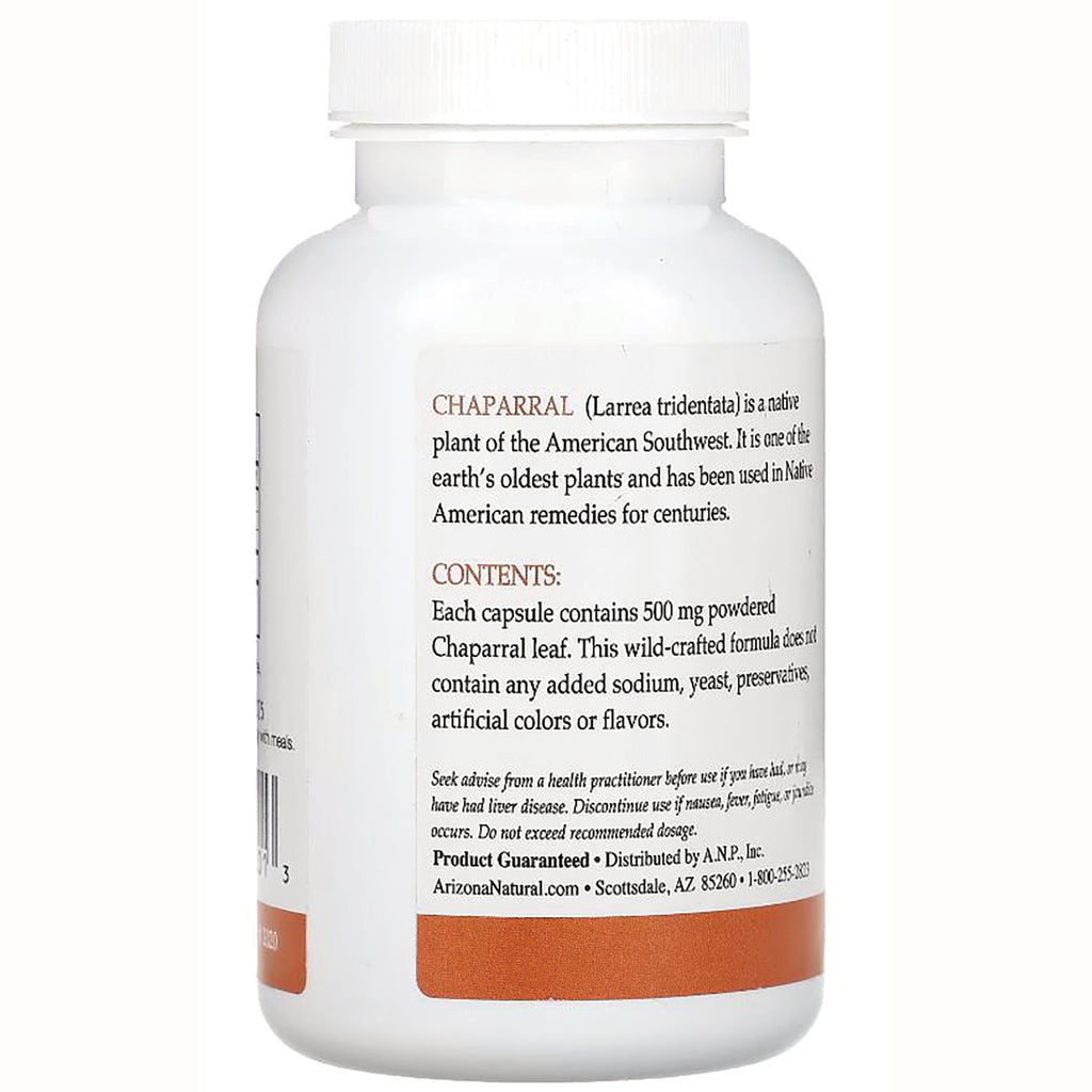 AN023 | White supplement bottle back label showing CHAPARRAL heading and contents text listing 500 mg per capsule - Thumbnail