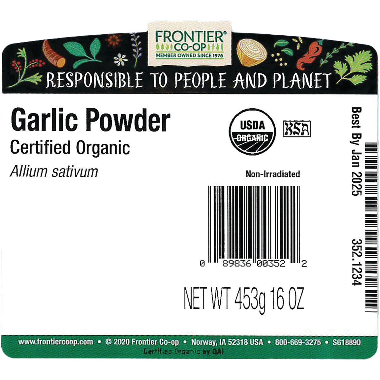 FNP074 | back label of Frontier Co-op Garlic Powder showing barcode, USDA Organic logo, Certified Organic text, net wt 453g 16 OZ