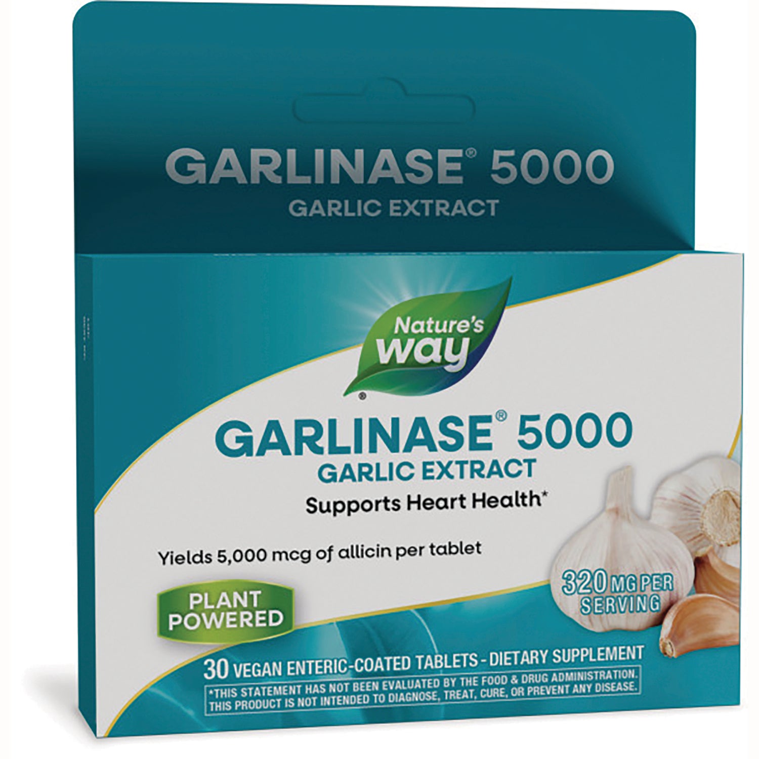 ET381 | Nature's Way GARLINASE 5000 garlic extract box front with plant powered badge and 30 vegan tablets