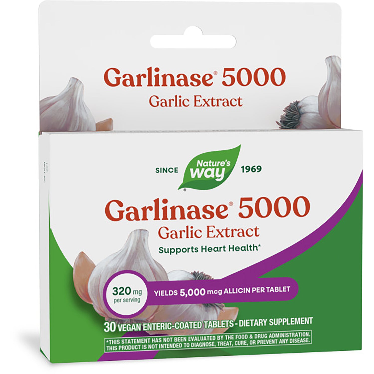 ET381 | Nature's Way GARLINASE 5000 garlic extract box front with plant powered badge and 30 vegan tablets
