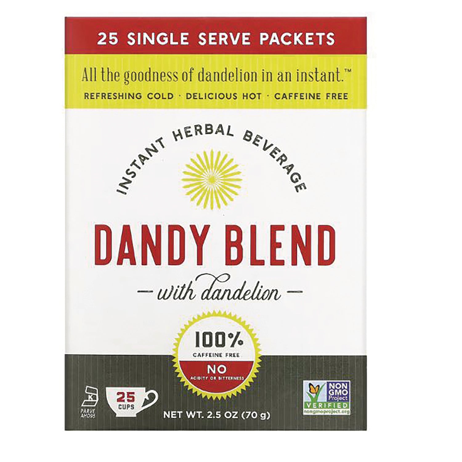 DDY003 | Dandy Blend instant herbal beverage box with dandelion, 25 single-serve packets, 100% caffeine free