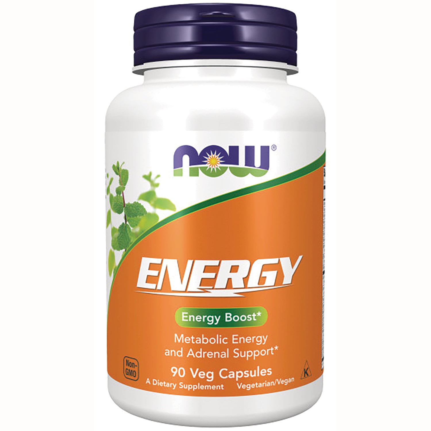 NWF387 | NOW Energy supplement bottle with orange label reading ENERGY and Energy Boost, 90 Veg Capsules